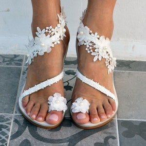 White Lace Wedding Sandals: Handmade Leather Bridal Shoes