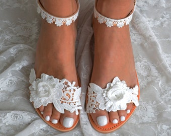 Sandales de mariage, sandales de mariée plates, sandales Flower Lace, chaussures de mariage plates, sandales plates de robe de mariée, sandales de mariage de plage