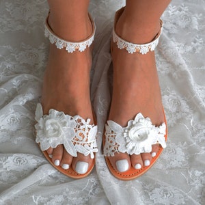 Flower Lace Wedding Sandals: Handmade Leather Bridal Shoes