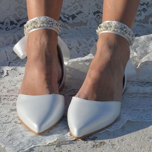 Leren ballerina&#39;s met satijnen linten- bruidsschoenen dames- handgemaakte bruiloftsflats-bruiloftballetpompen- D&#39;Orsay-flats-parelflats BELLA