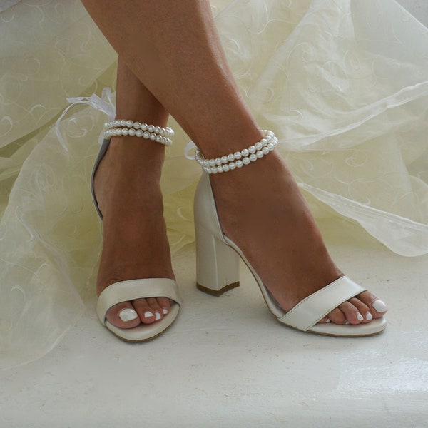 Bridal Shoes - Wedding Shoe For Bride - Ivory Bridal Wedding shoes - Ivory Bridal block Heels - Open Toe Shoes with Pearl ankle straps ESTER