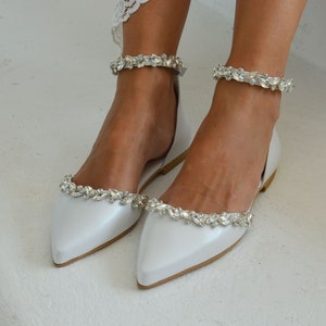 Leather Women&#39;s bridal shoes - Wedding leather flats - Bridal ballet flats - D&#39;Orsay flats- Silver-embellished shoes - Women&#39;s Bridal shoes