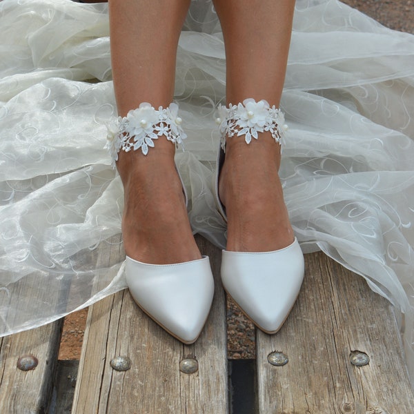 Leather Women's bridal shoes-Handmade IVORY leather flats -Wedding ballet pumps - D'Orsay flats - Bridal lace shoes - Ballerina bridal shoes