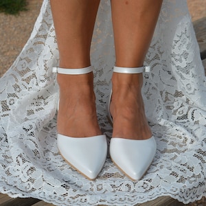 Leren bruiloft balletschoenen - platte schoenen voor bruid - bruids witte lederen flats - balletpompen voor bruiloft - witte bruiloft flats AMALIA