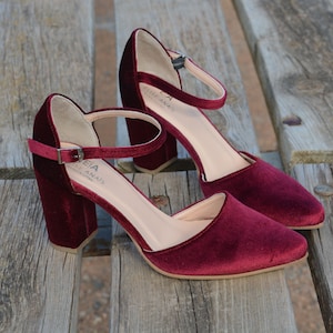 Red Velvet Heels, Burgundy Velvet Shoes, Dark Red Velvet Shoes, Burgundy Shoes, Red Bridal Shoes,  Bordeaux Wedding Heels &#39;Glenda&#39;
