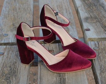 Rode fluwelen hakken, bordeauxrode fluwelen schoenen, donkerrode fluwelen schoenen, bordeauxrode schoenen, rode bruidsschoenen, bordeauxrode bruilofthakken 'Glenda'