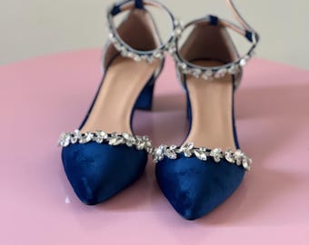 Blue Velvet Wedding Heels: Rhinestone Bridal Block Heels