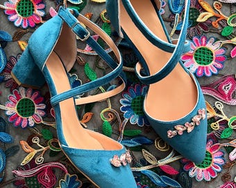 Blue Velvet Shoes, Wedding Shoes, Teal Blue Velvet Shoes, Wedding Pumps, Blue Bridal Shoes, Blue Velvet Pumps, Block Heels, Blue Velvet Heel