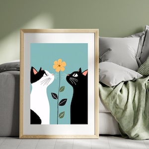 Estampado de gatos con flor | Decoración de pared | Decoración de pared de viaje | Cartel de viaje | Póster Destino