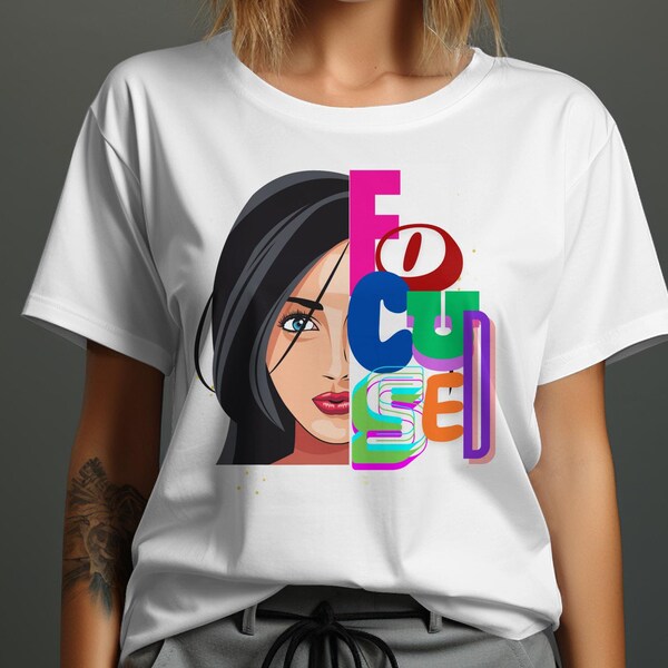 Trendy Women's Face Art T-Shirt, Bold Colorful Typography Design, Fashion Statement Tee, Unique Graphic Top