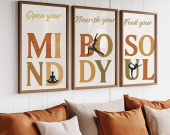 Mind Body Soul Wall Art Set of 3 – Calming Inspirational Prints for Home, Yoga Studio,Meditation Room – Minimalist Boho Wall Decor,Unframed
