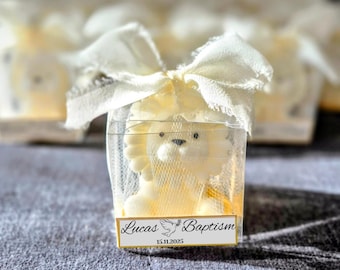 Personalized Mini Lion Candle in Clear Gift Box with Bow,Custom Name & Date, Baptism Favors, Baby Shower,Communion Gift Jungle Theme Party.