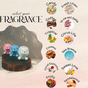 May include: An image with the text "select your FRAGRANCE" and illustrations of various scents. Three small lion figurines in pink, blue, and white sit on a wooden platform. The image includes scent options like "Candy," "Coffee," and "Tropical."