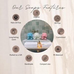 May include: Image of soaps with features like organic, long-lasting scent, and handmade. The image shows three lion-shaped soaps in blue, white, and pink, along with a bottle of liquid soap. Text includes "Palm Oil Free" and "Packed as a Gift."