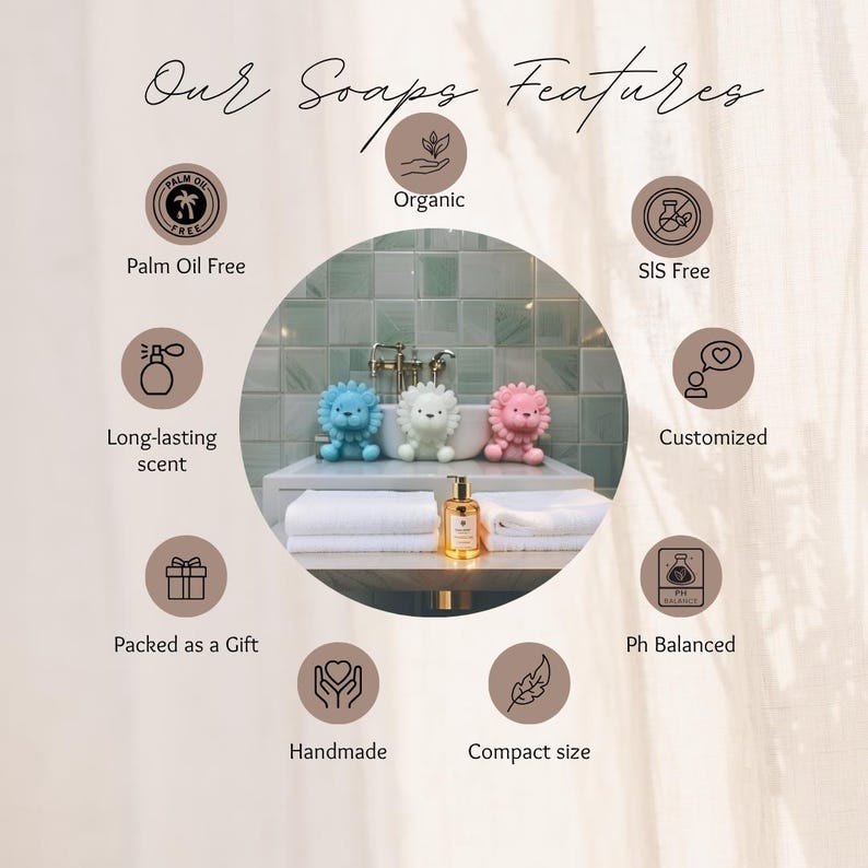 May include: Image of soaps with features like organic, long-lasting scent, and handmade. The image shows three lion-shaped soaps in blue, white, and pink, along with a bottle of liquid soap. Text includes "Palm Oil Free" and "Packed as a Gift."