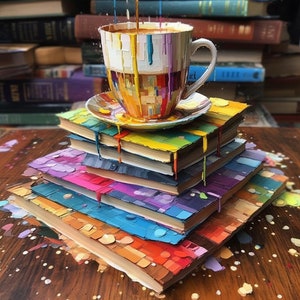 May include: A stack of colorful books with a coffee cup on top. The cup is filled with coffee and has drips of coffee running down the side of the cup and the books. The books are stacked in a pyramid shape and are all different colors.
