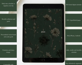 2024 Digital Emerald Green Floral Planner, Dated Goodnotes Notability Planner, Daily Hyperlinked Monthly Planner, iPad iPhone planner, Notes