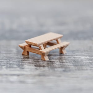 May include: A miniature picnic table made of light brown wood. The table has a rectangular top and attached benches on either side. The design includes angled legs and a classic picnic table aesthetic.