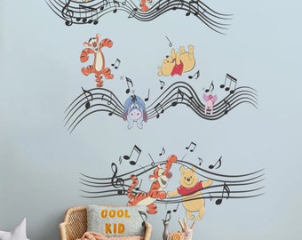 Removable music notes decal musical staff wall sticker Winnie the Pooh wall decal mural wallpaper for baby nursery and kids room decor
