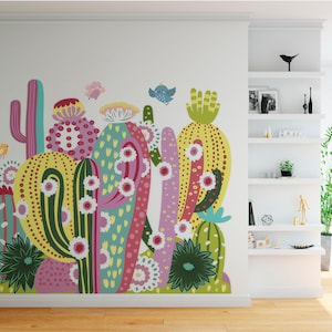 Pegatina de pared de cactus, calcomanía de pared boho, desierto, calcomanía de pared de arte pop boho para sala de estar, mural adhesivo para guardería