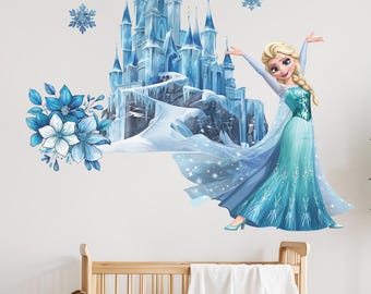 Elsa Sticker Princess Frozen Castle Wall Decal Disney-Inspired Nursery Wall Art & Girl’s Room Decor with Snowflakes and Icy Castle