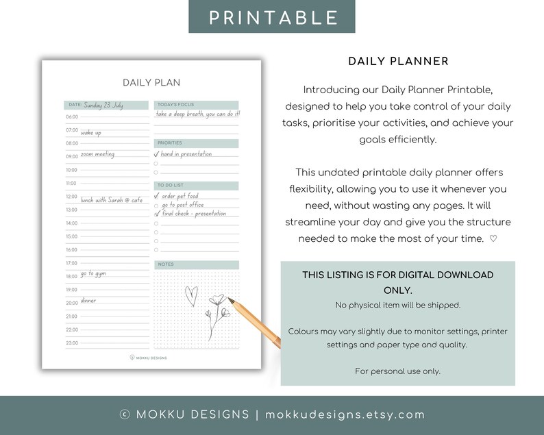 Daily Planner Printable PDF | Hourly Planner Time Blocking Work Day ...