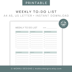 Weekly To-Do-List Printable PDF | Weekly Checklist Reminder Productivity Planner Weekly Task List | A4, A5 & US Letter PDF Instant Download