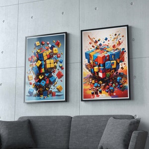 Rubik's Cube Explosion Poster, Set of 3 Printable Images, Room Decoration, Modern Digital Artwork, Cartoon-Style Disassembled Rubik's Cube