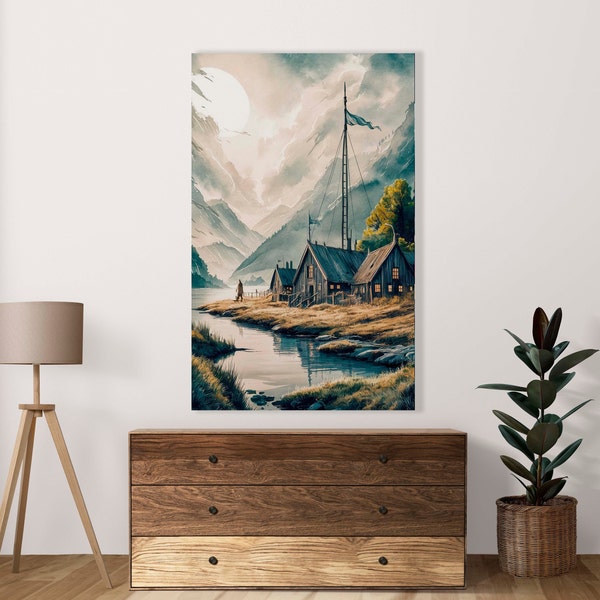 Rustic Fishing Settlement Scene Poster. Set of 1 JPG Image, Landscape with clouds, Watercolour, Wall Art Decor, Digital Download