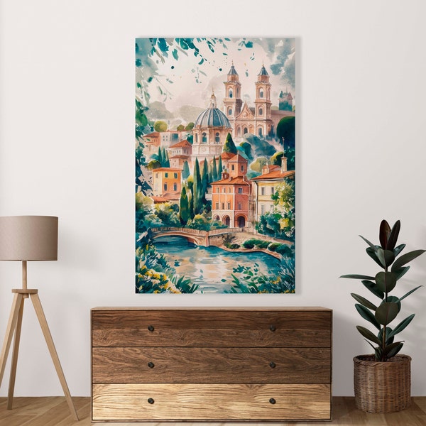 Antique Village Scene Poster. Set of 1 JPG Image, Rustic City, Watercolour, Wall Art Decoration, Commercial Use - Digital Download