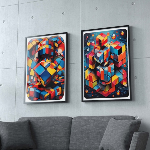 Poster motif Rubik's Cube, lot de 3 images imprimables, décoration de chambre, oeuvre d'art numérique moderne, motif conceptuel abstrait Rubik Cube