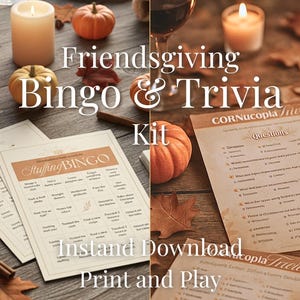 Könnte beinhalten: Ein Friendsgiving Bingo & Trivia Kit mit Kürbissen, Kerzen und Herbstblättern. Das Kit enthält Bingokarten und Quizbögen. Der Text auf dem Bild lautet "Sofort-Download" und "Drucken und Spielen."