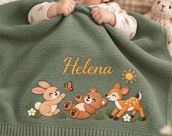 Personalized Animal Embroidered Baby Blanket : Organic Cotton Knit with Embroidered Name