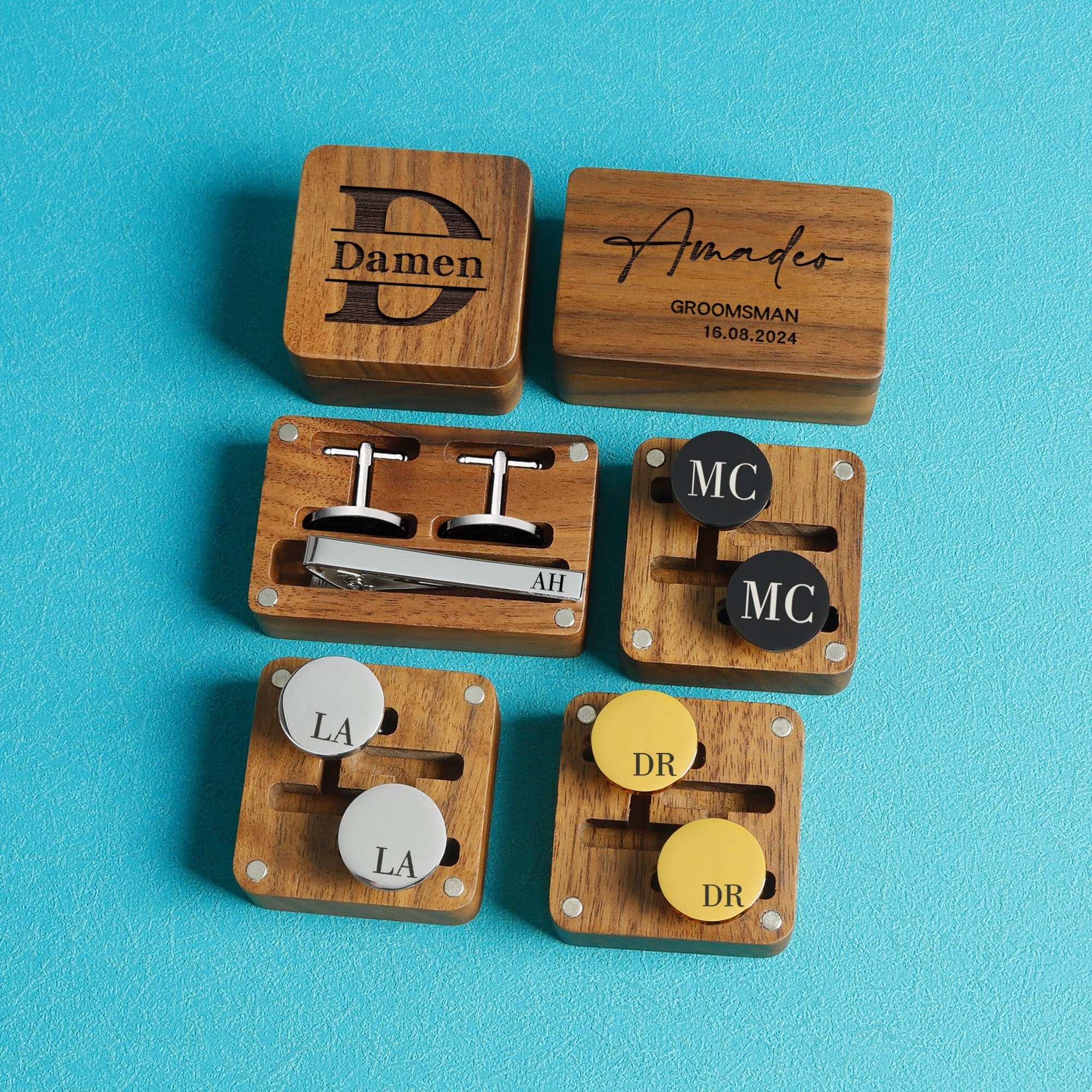 Regalos personalizados para padrinos de boda, caja grabada opcional, gemelos para novios, gemelos personalizados para el día de la boda y juego de alfileres para corbata