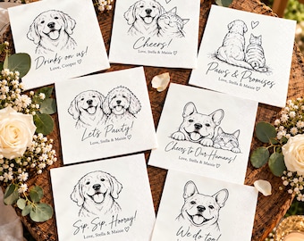 Personalized Dog Cat Portrait Wedding Napkins, Custom Cocktail Napkins for 1–3 Pets
