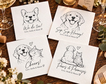 Custom Pet Portrait Wedding Cocktail Napkins, Personalized Dog Cat Napkins for 1–3 Pets