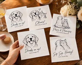 Custom Pet Wedding Napkins with Portrait, Personalized Cocktail Napkins for 1–3 Dogs Cats