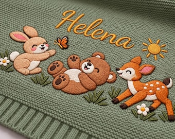 Personalized Woodland Animal Baby Blanket, Embroidered Name, Organic Cotton Knit