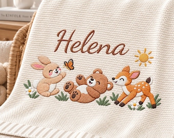 Personalized Animal Baby Blanket, Embroidered Name Animal Knit Blanket, Newborn Nursery Decor, Baby Shower Keepsake