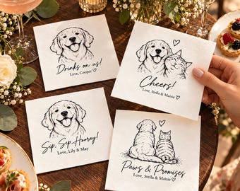 Personalized Dog Cat Portrait Wedding Napkins, Custom Cocktail Napkins for 1–3 Pets