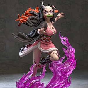 May include: A pink and black anime character with pink eyes and a green mouth guard, standing on a base of purple flames. The character has a pink and white checkered pattern on their outfit and a pink flower in their hair. The character is from the anime series Demon Slayer.