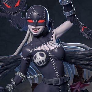 Può includere: Una figura digitale di un personaggio femminile in un abito scuro e aderente con dettagli cuciti e un'emblema a teschio. Indossa una maschera con occhi rossi e ha lunghi capelli bianchi. Una figura oscura e spettrale incombe nelle vicinanze e delle catene sono avvolte attorno al suo braccio.