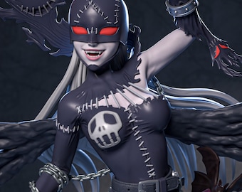 May include: A digital artwork of a female character in a dark, form-fitting outfit with stitched details and a skull emblem. She wears a mask with red eyes and has long, white hair. A dark, ghostly figure hovers nearby, and chains are wrapped around her arm.