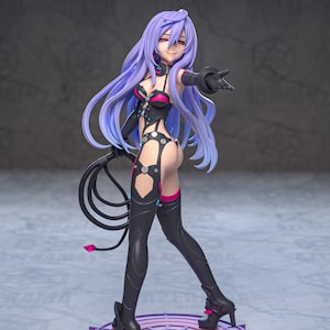 May include: An anime figurine with purple hair, wearing a black and red outfit and holding a whip. The figurine is standing on a circular base with a purple and silver design. The base has the text "AZERAMA 3D FIGURE COLLECTIBLES patreon.com/azerama" printed on it.