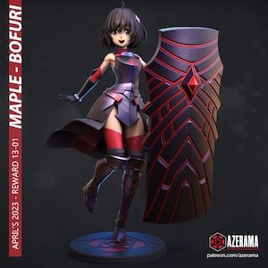 May include: A 3D rendered anime character with black hair and red eyes, wearing black and red armour, holding a large black and red shield with a red diamond in the centre. The character is standing on a circular platform with a red and black design.