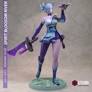 May include: A 3D printed figurine of a female character with blue hair, purple clothing, and a sword. She is holding a flower in her right hand. The figurine is standing on a circular base with a green and blue design. The text "AZERAMA 3D PRINTABLE CHARACTERS patreon.com/azerama" is visible in the lower right corner of the image.