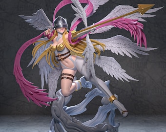 May include: A detailed figurine of a winged character in a dynamic pose. The figure wears a white bodysuit, a silver helmet, and has long blonde hair. It holds a golden spear and is surrounded by large white and pink wings. The base is a stylized cloud.