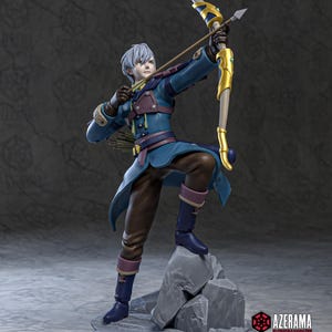 Puede incluir: Una figura azul y marrón de una persona sosteniendo un arco y una flecha. La figura está de pie sobre una base de roca. La figura está pintada en un estilo realista. La figura es un objeto de colección.