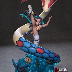 May include: A detailed figurine of a character in a dynamic pose, with a long, serpentine creature. The character is wearing a blue, white, and orange outfit. The creature is blue with red accents. The base is a stylized water effect. The figurine has the text "AZERAMA" and "patreon.com/azerama".
