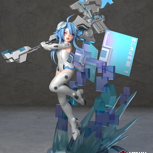 Peut inclure: Une figurine d'un personnage d'anime aux cheveux bleus portant une tenue blanche et tenant une grande arme bleue. La figurine est debout sur un socle de couleur bleu et blanc. Le socle porte le texte "AZERAMA" et "patreon.com/azerama".